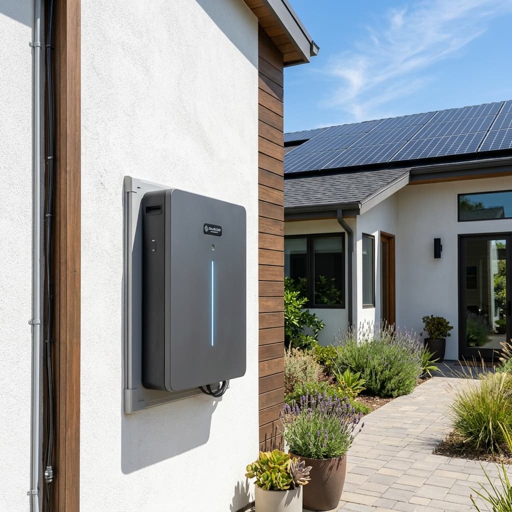 Batería solar moderna instalada en pared exterior